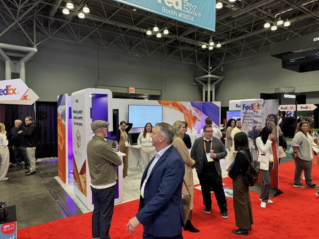 The FedEx booth, number 3674, on the NRF 2024 show floor at the Javits Center