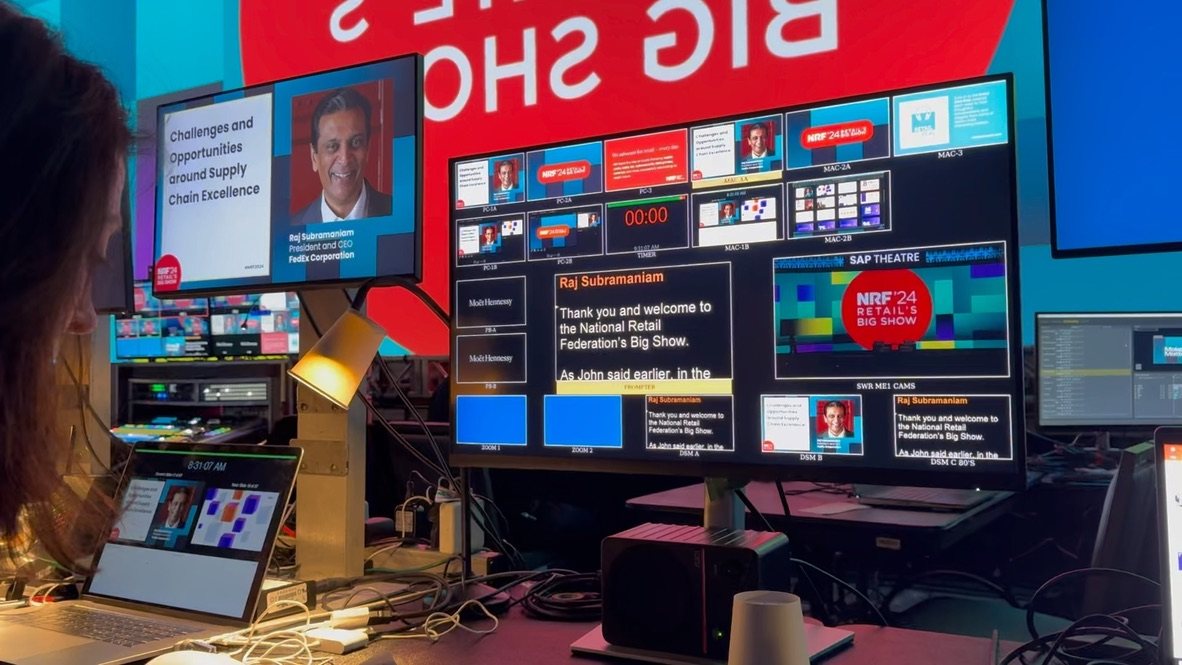 Show control monitors during the keynote: Raj Subramaniam on the IMAG feed and his script on the prompter