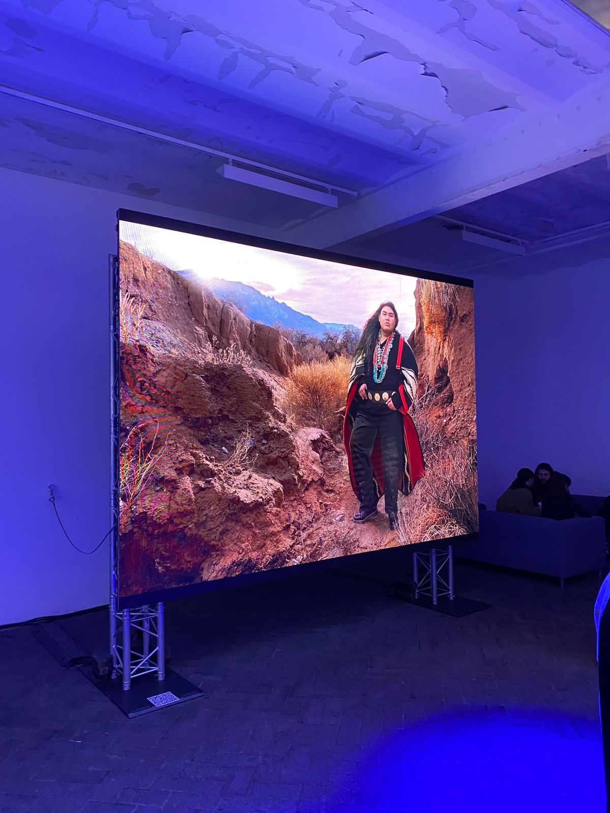 A Life at Home portrait of a woman in a rocky mountain landscape shown on a large screen