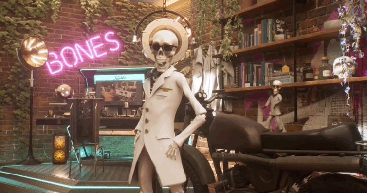 Bones standing by a neon sign in a virtual Kiehl's store