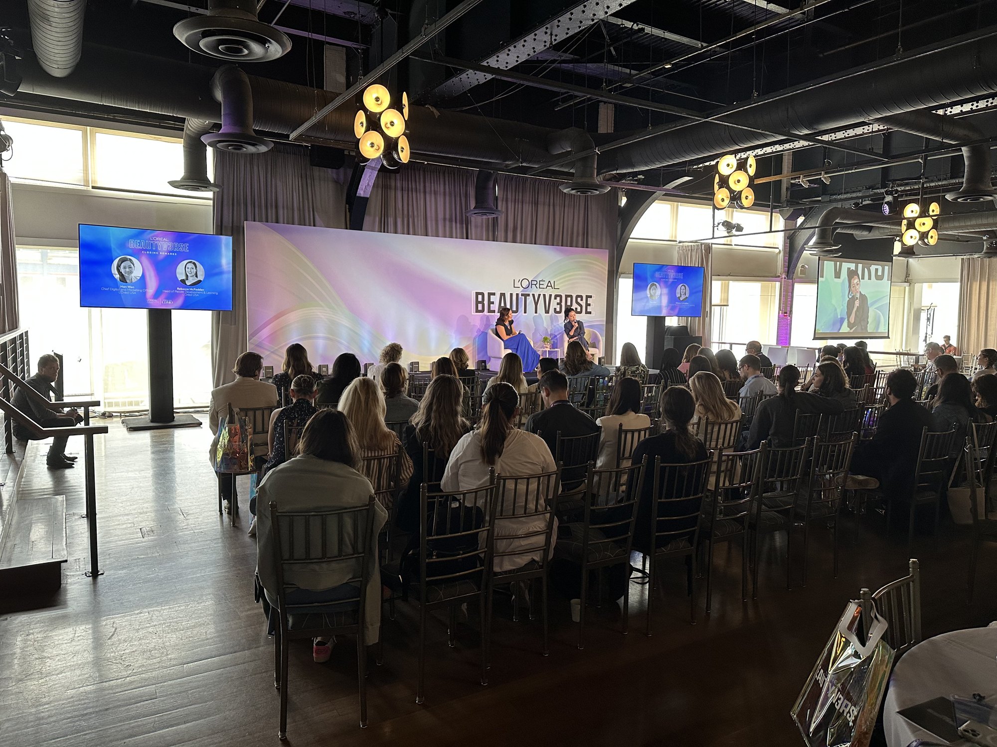 The BEAUTYV3RSE main stage at The Lighthouse at Chelsea Piers, with a full room