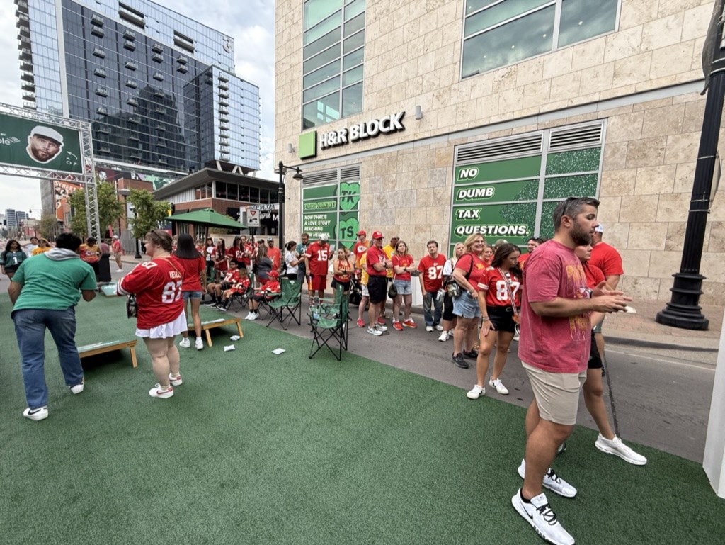 Fans lining up for branded cornhole on Walnut Street