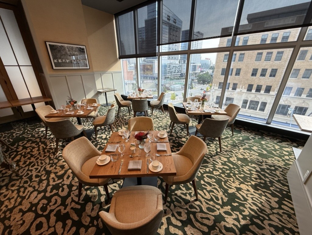 The private dining room set for the game-day breakfast at the Loews