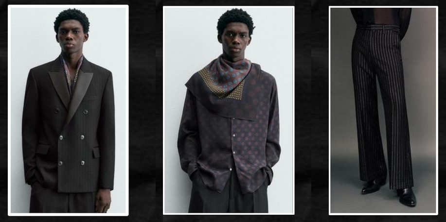 Men’s lookbook page: a double-breasted pinstripe jacket, a scarf shirt and pinstripe trousers