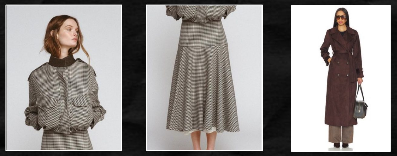 Lookbook page: a utility jacket and a checked midi skirt selected for one creator