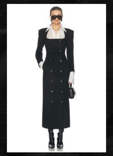 Lookbook page: a long double-breasted black coat dress