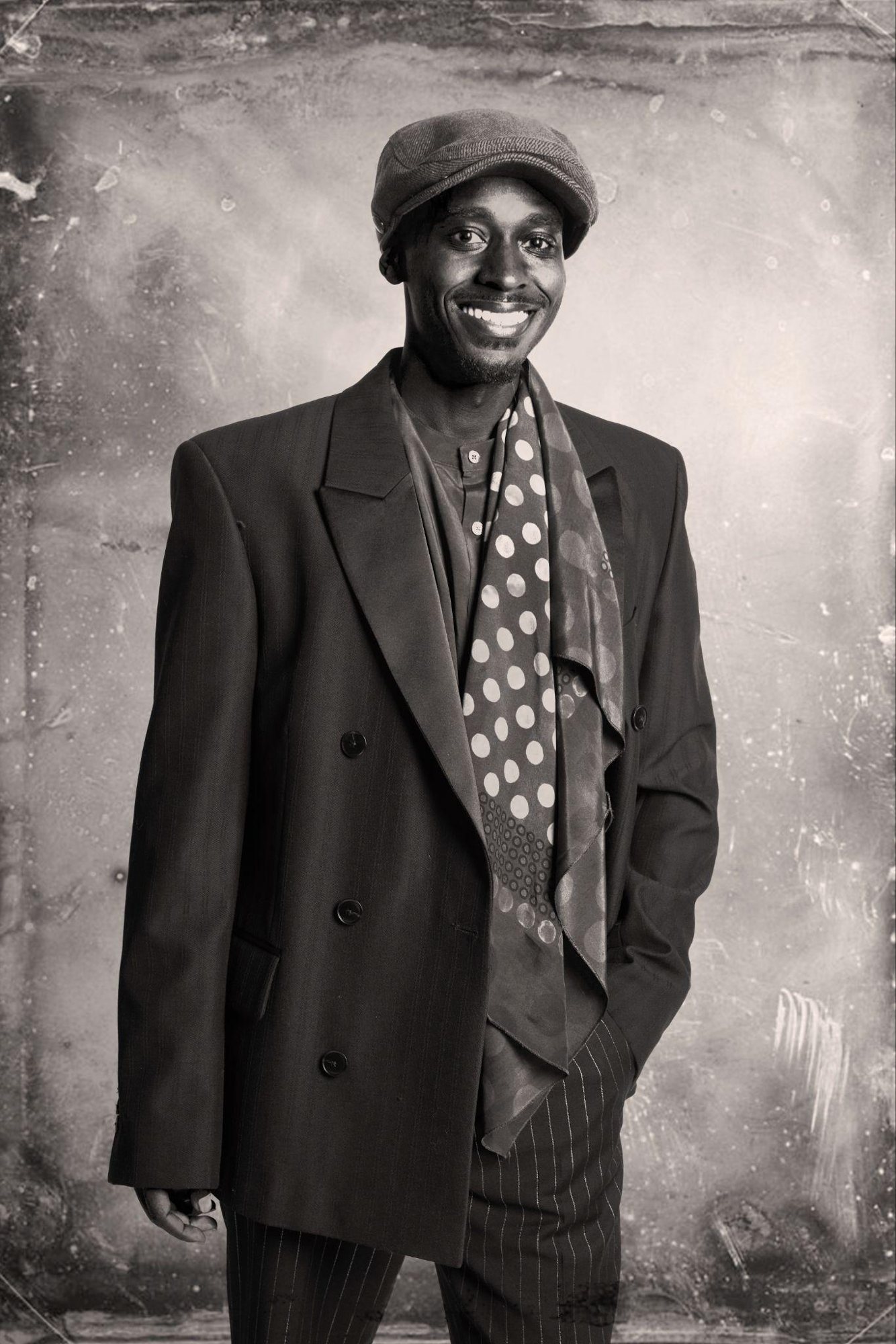 The same look, finished as an editorial tintype portrait on the day