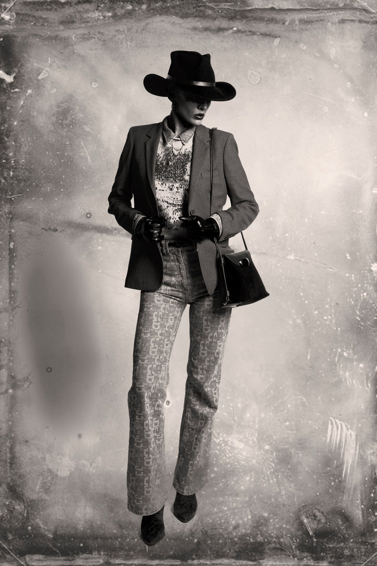 The finished tintype portrait: a creator in a wide-brim hat and houndstooth blazer