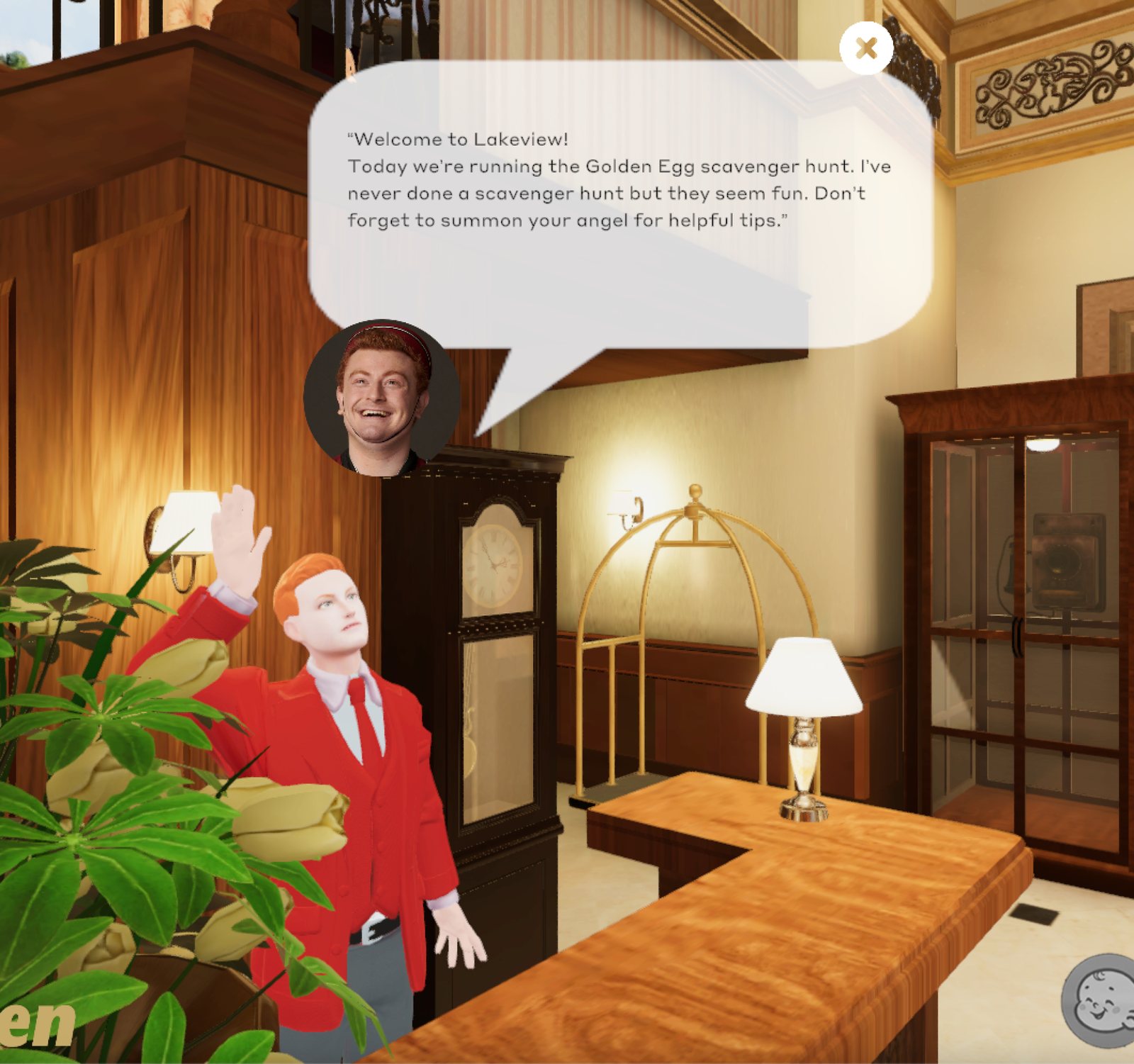 AI Guy at the front desk, welcoming players to the Golden Egg scavenger hunt