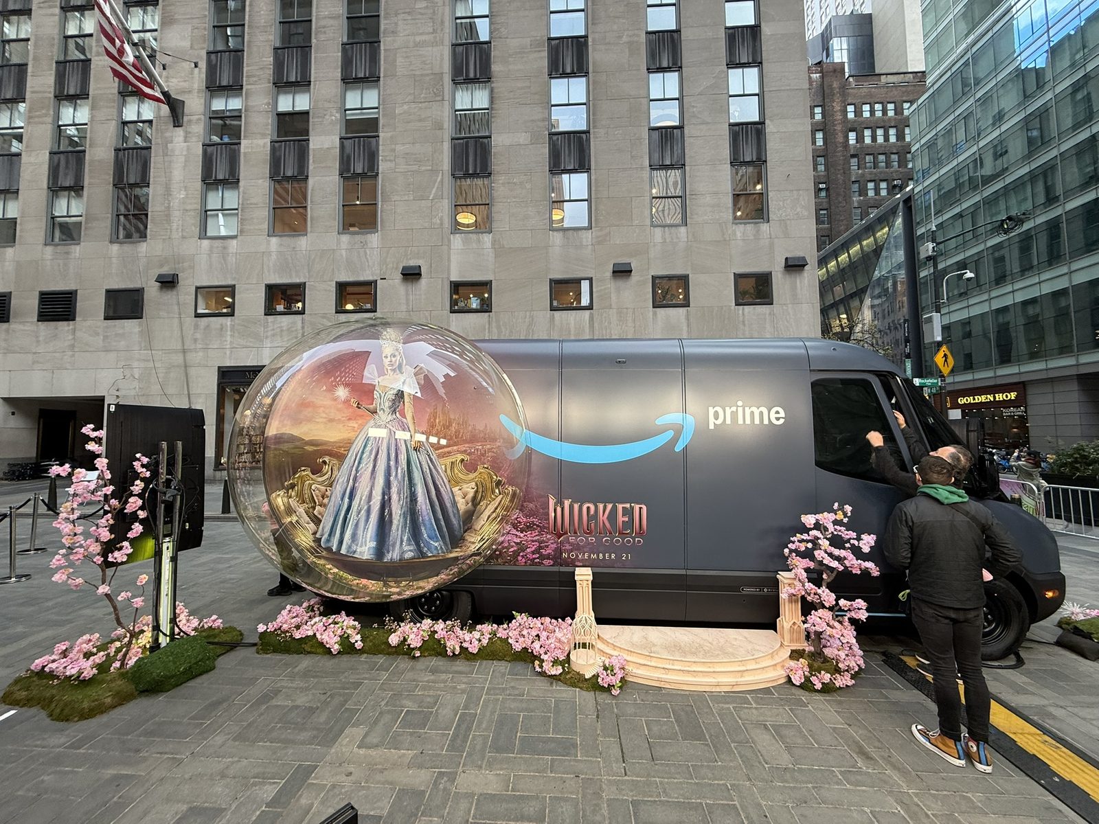 The Wicked Prime Van at Rockefeller Plaza with the Glinda bubble photo moment