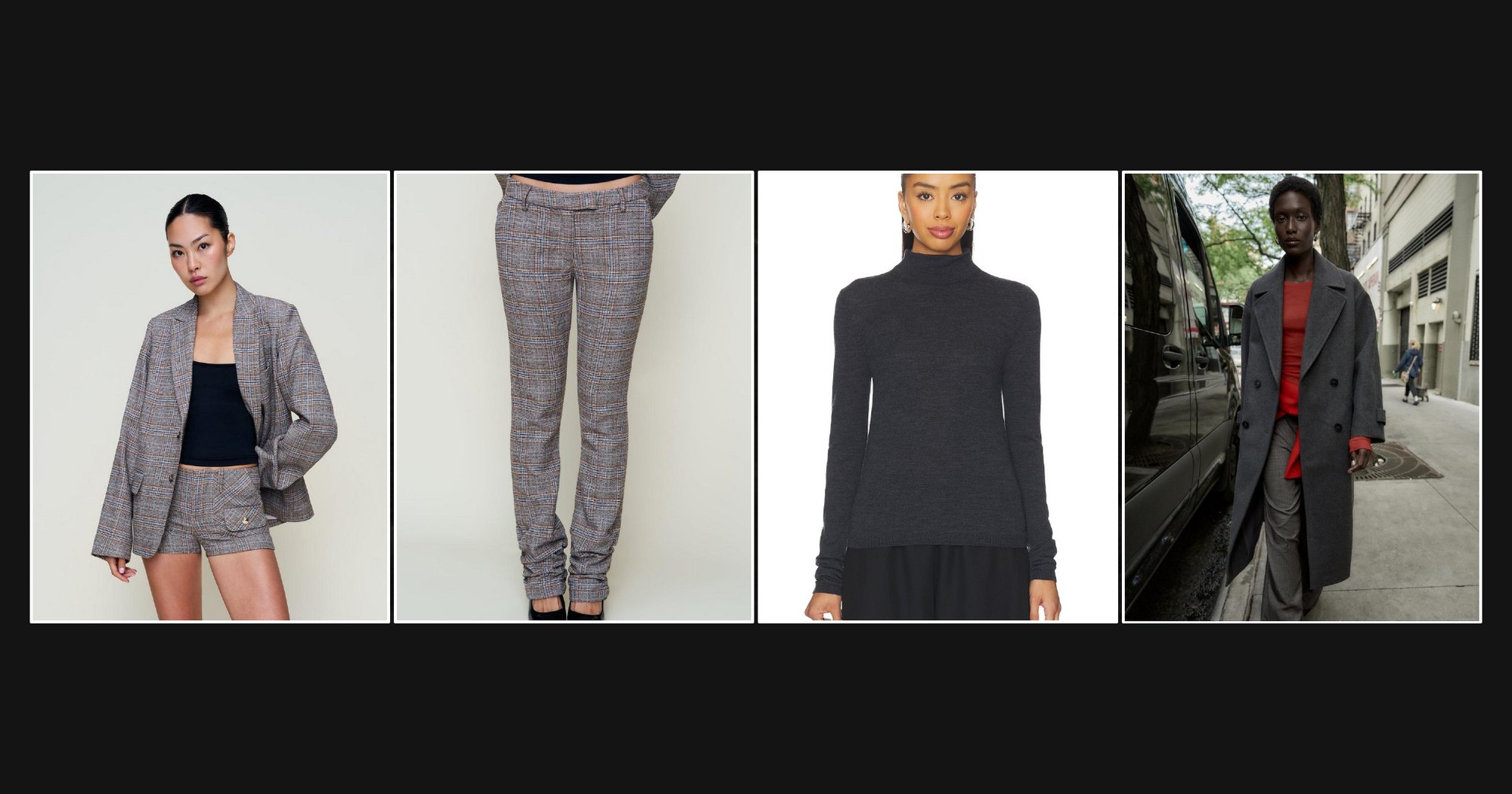 Women’s lookbook proposal: an oversized tartan blazer and shorts, check trousers, a fine knit mockneck and a soft oversized coat