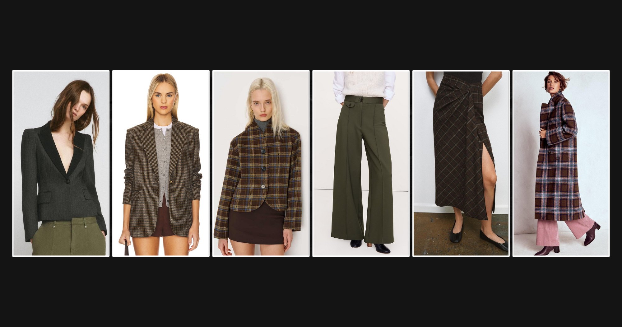 Women’s lookbook proposal: herringbone and plaid blazers, wide-leg trousers and a tartan coat