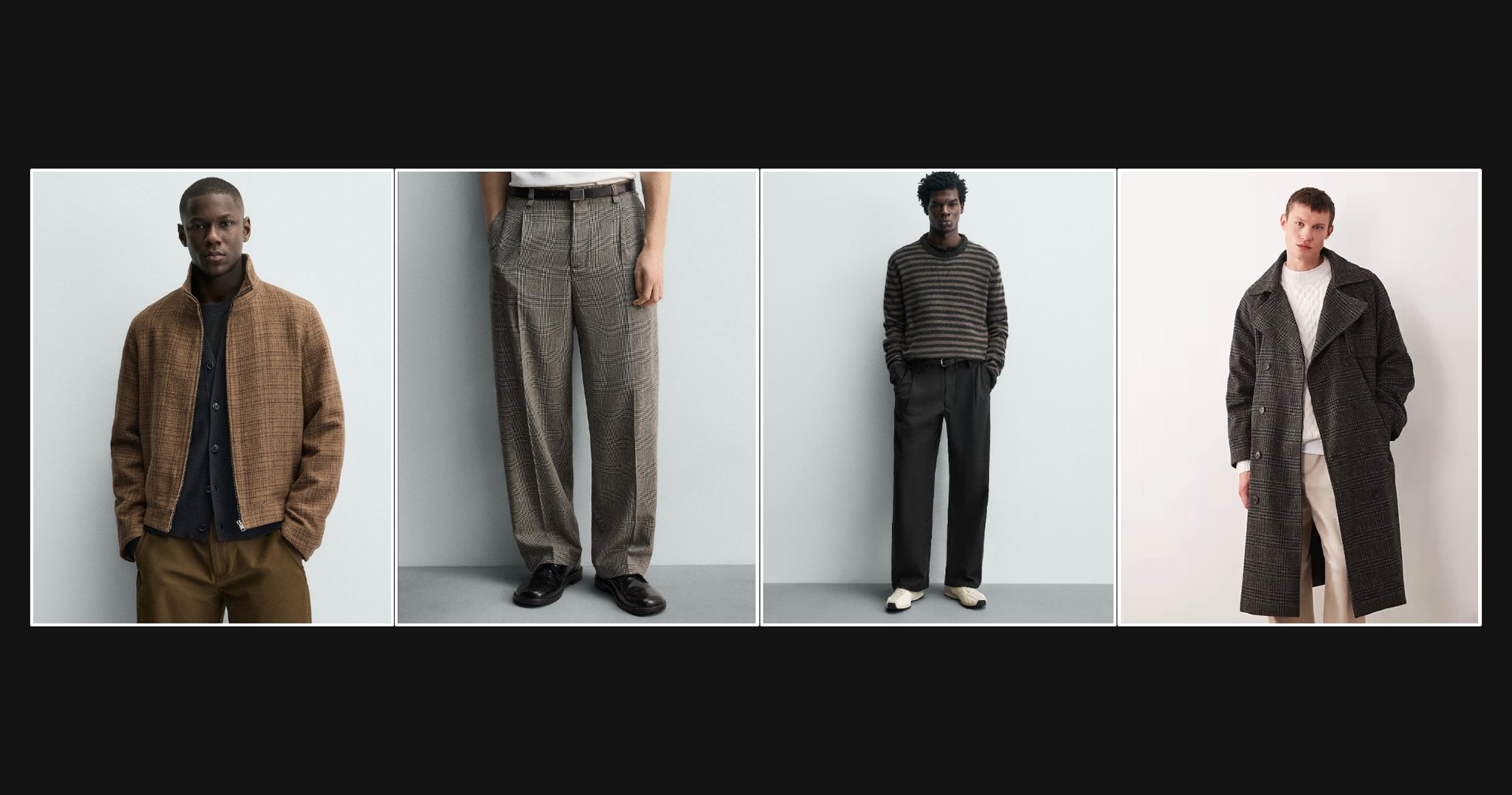 Men’s lookbook proposal: a plaid overshirt, pleated trousers, a striped knit and a long wool coat