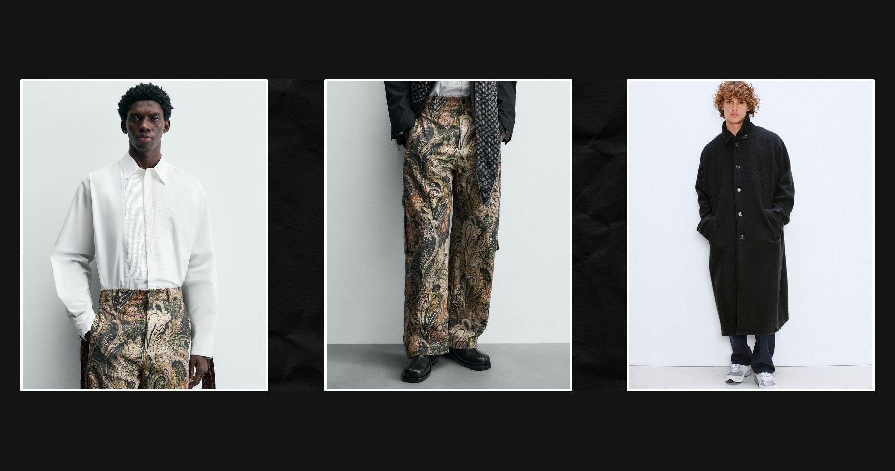 Men’s lookbook proposal: a crisp white shirt, paisley barrel trousers and a long dark coat