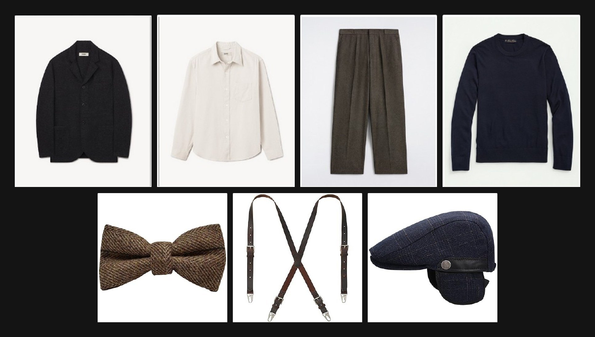 One creator’s selection: a chore coat, a twill shirt, herringbone trousers and a merino sweater, with a tweed bow tie, braces and a flat cap